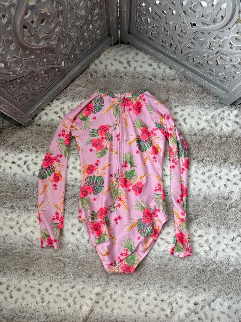 Art Class pink long sleeve swimsuit girls large tropical floral summer beach